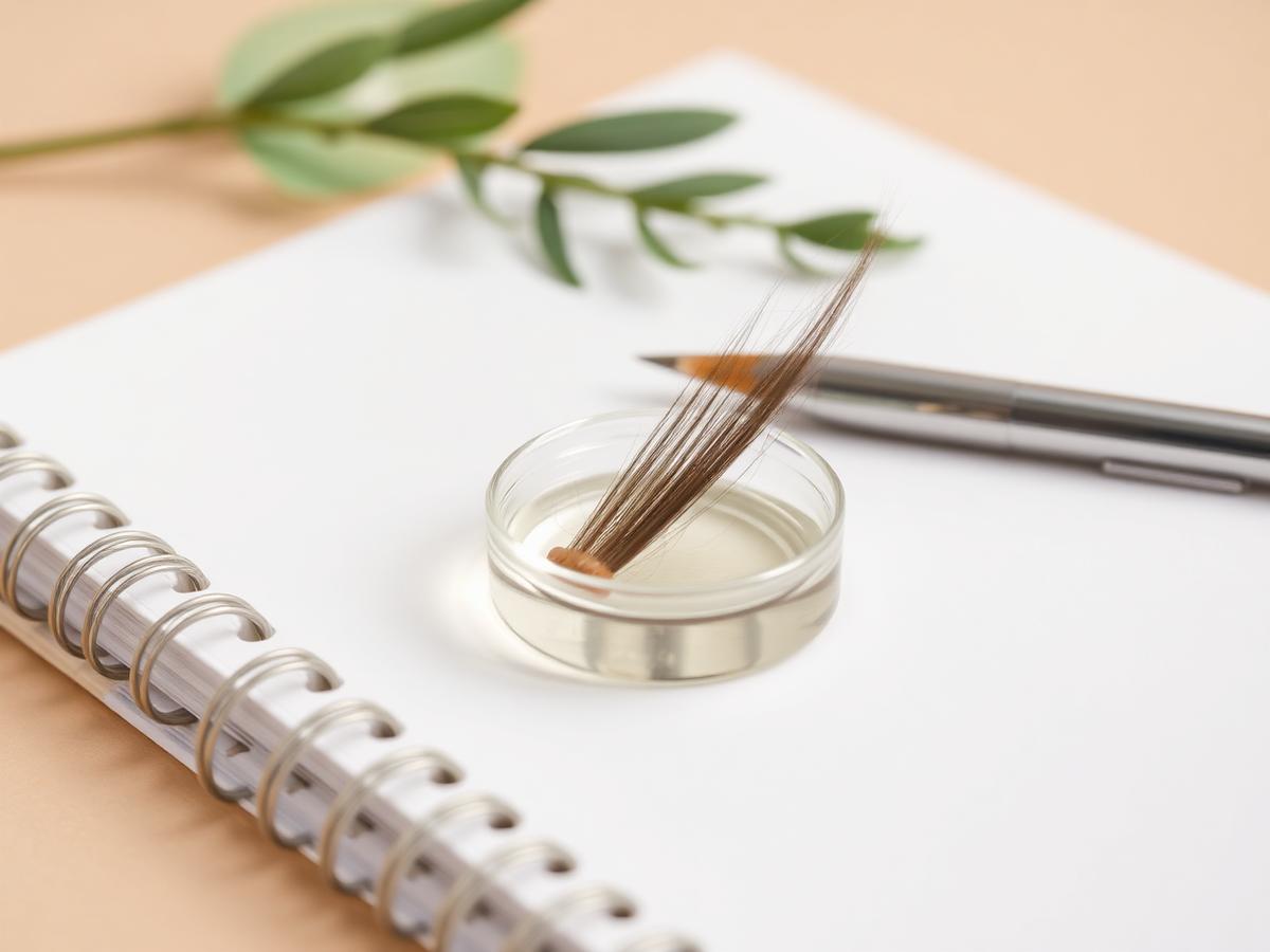Hair sample in a lab dish beside a notebook